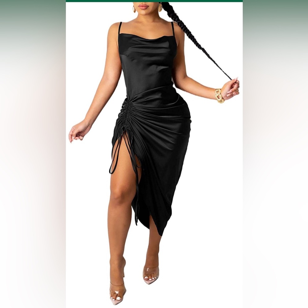 Spaghetti Straps Backless Satin Dress w adjustable slit